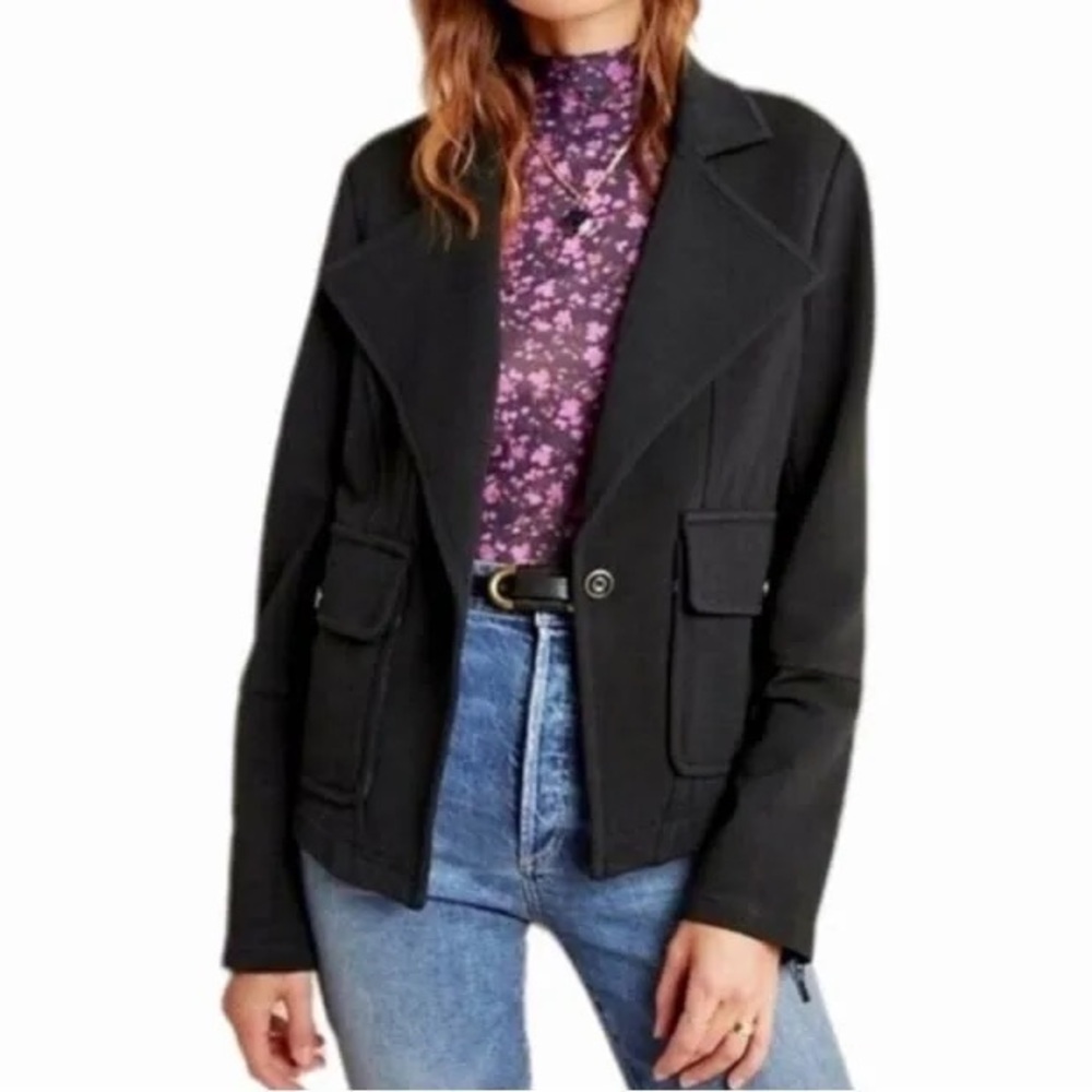 Anthropologie Sz‎ XL Black Sylvia Surin Ponte Knit Moto Blazer